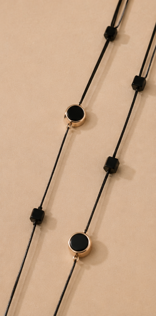 Long Double-Strand Gold & Black Enamel Heart Station Necklace and Earrings Set