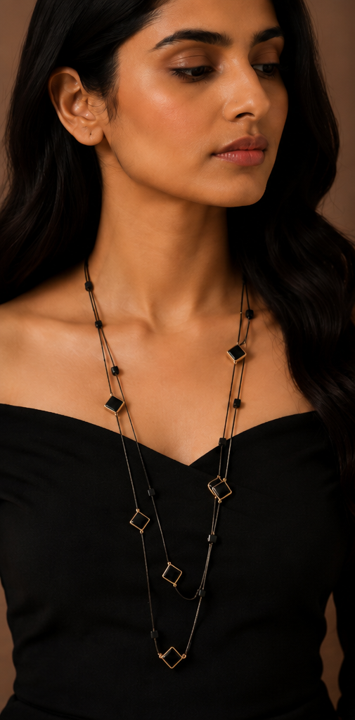 Long Double-Strand Gold & Black Enamel Heart Station Necklace and Earrings Set
