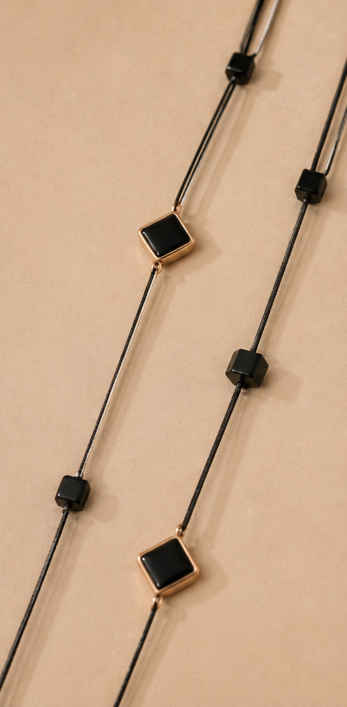 Long Double-Strand Gold & Black Enamel Heart Station Necklace and Earrings Set