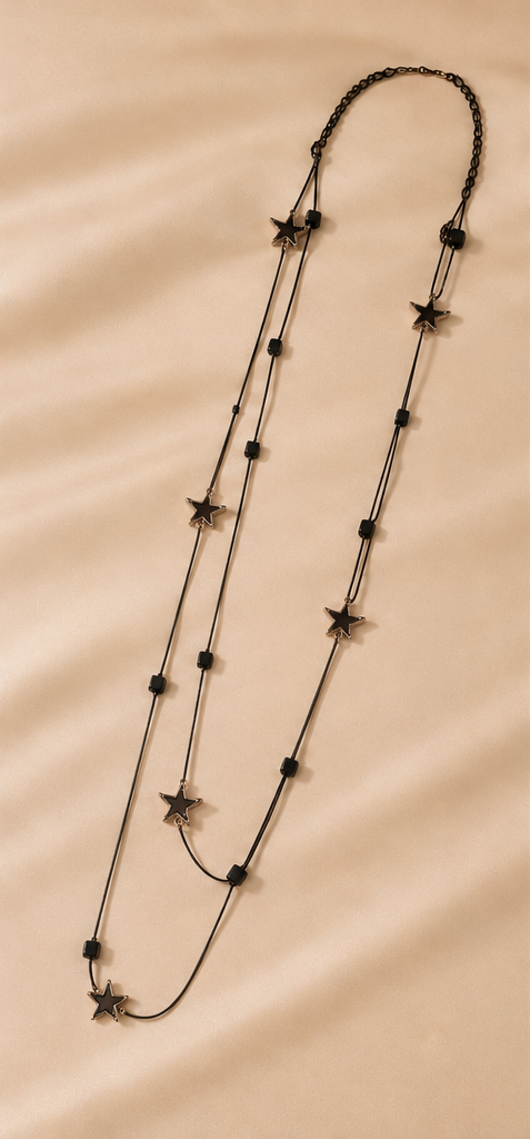Long Double-Strand Gold & Black Enamel Heart Station Necklace and Earrings Set