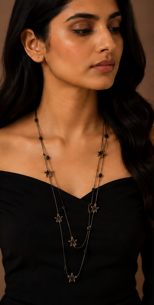 Long Double-Strand Gold & Black Enamel Heart Station Necklace and Earrings Set
