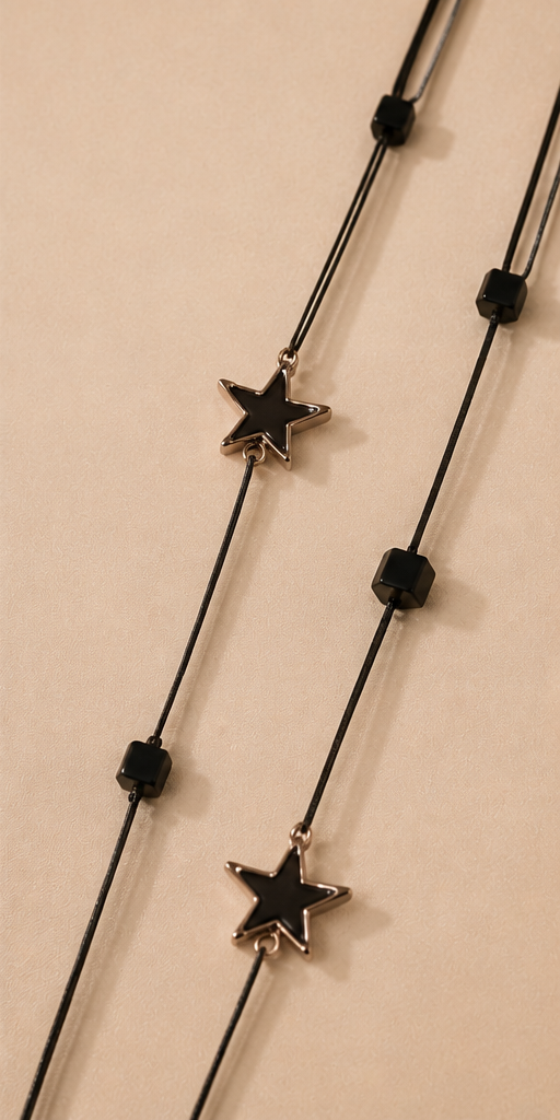 Long Double-Strand Gold & Black Enamel Heart Station Necklace and Earrings Set