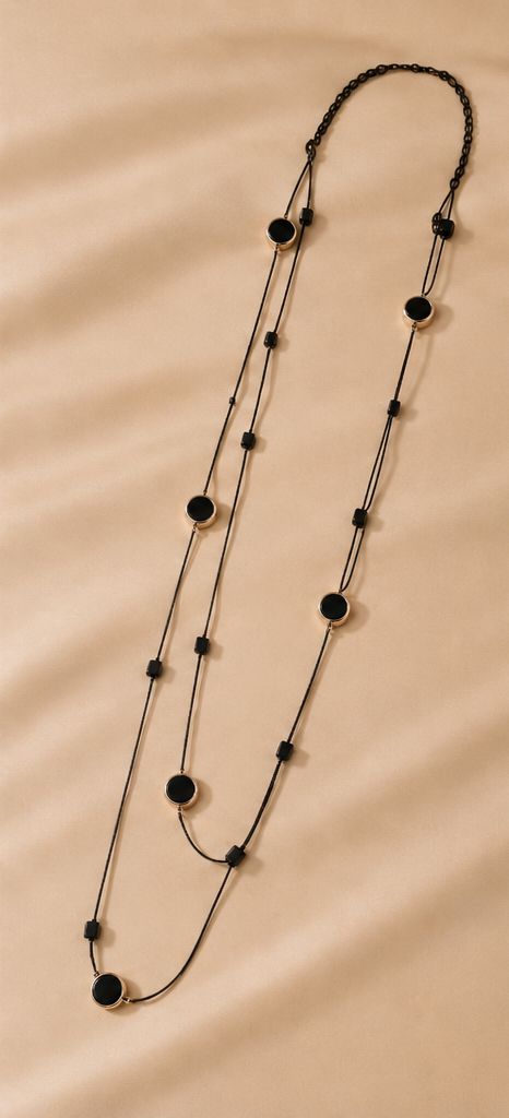 Long Double-Strand Gold & Black Enamel Heart Station Necklace and Earrings Set