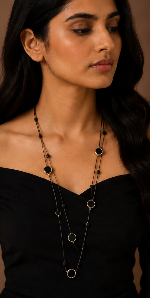 Long Double-Strand Gold & Black Enamel Heart Station Necklace and Earrings Set