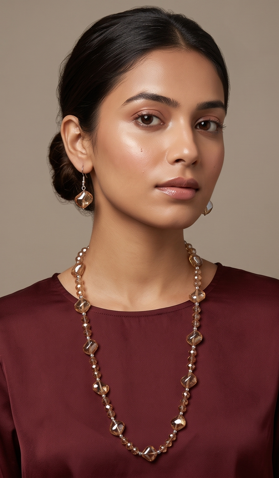 Champagne Honey Amber Faceted Glass Beaded Necklace Set