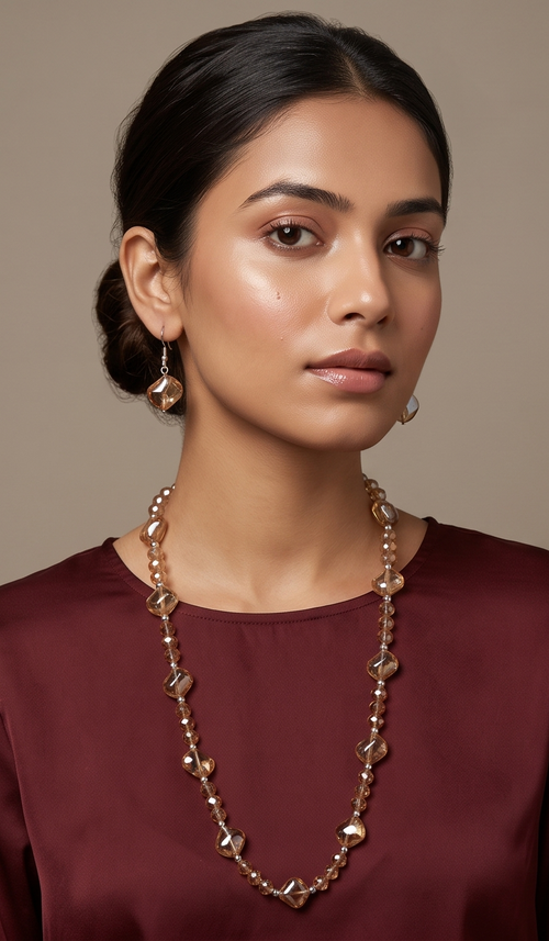 Champagne Honey Amber Faceted Glass Beaded Necklace Set