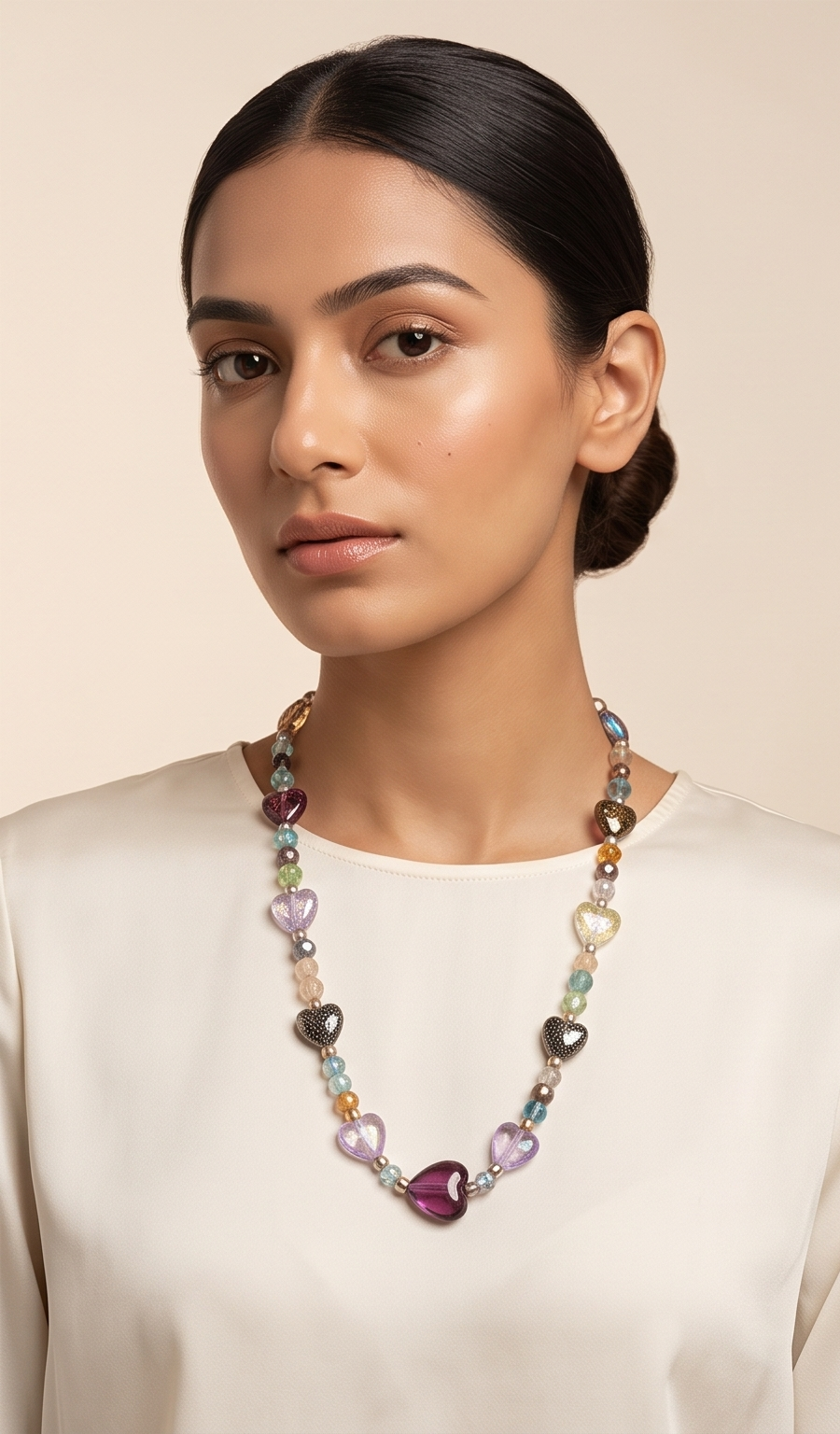 Quartz Heart & Crackle Glass Beaded Necklace Set