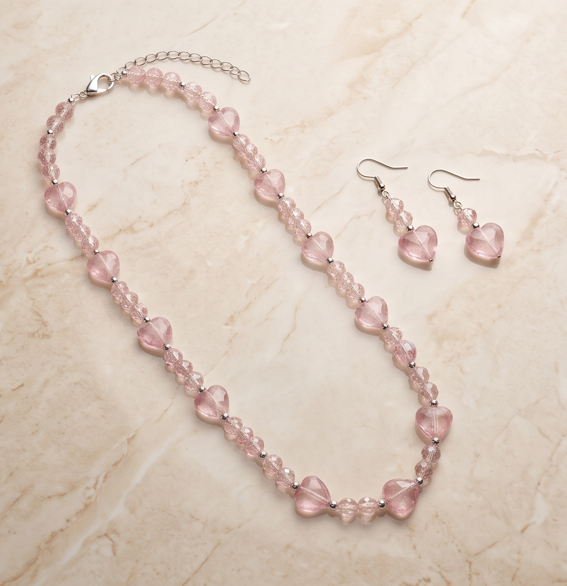 Quartz Heart & Crackle Glass Beaded Necklace Set