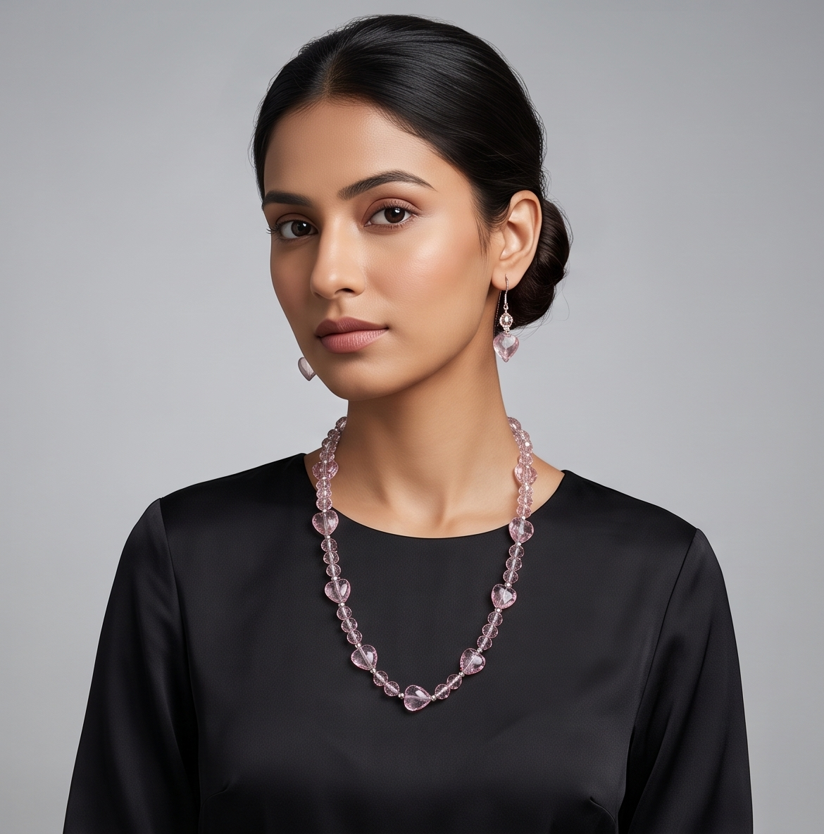 Quartz Heart & Crackle Glass Beaded Necklace Set