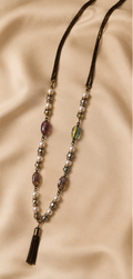 Vintage Bronze Multi-Gemstone & Pearl Beaded Tassel Long Necklace Set