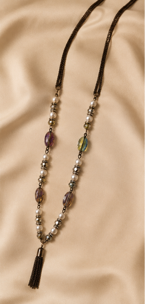 Vintage Bronze Multi-Gemstone & Pearl Beaded Tassel Long Necklace Set