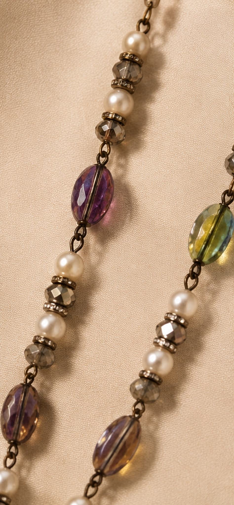 Vintage Bronze Multi-Gemstone & Pearl Beaded Tassel Long Necklace Set