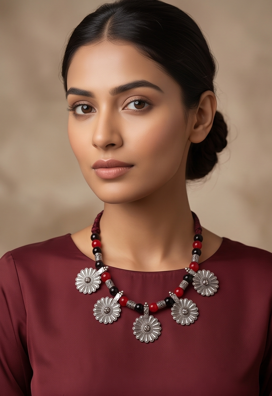 Silver Floral Medallion & Beaded Dori Necklace