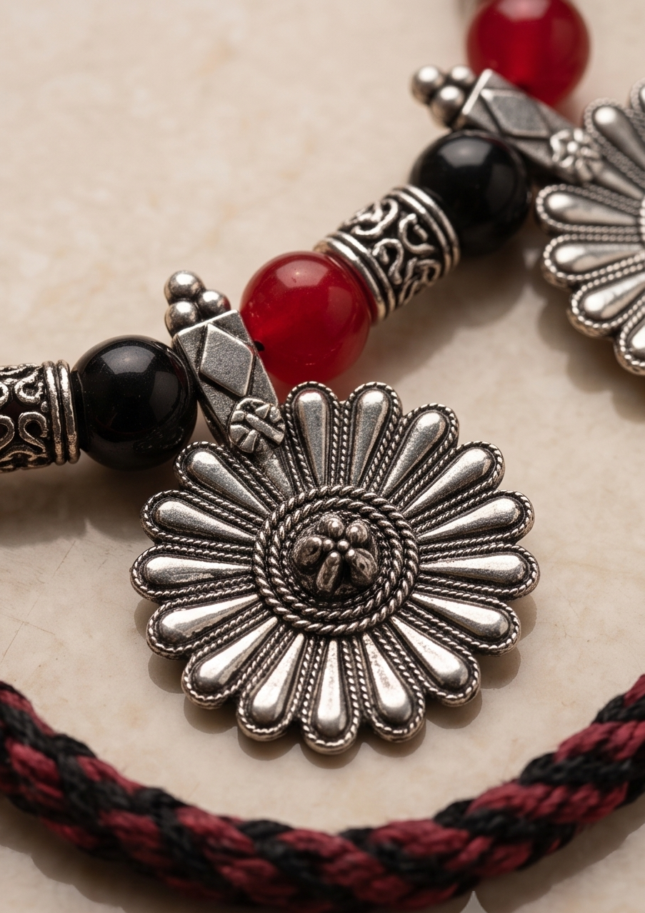Silver Floral Medallion & Beaded Dori Necklace