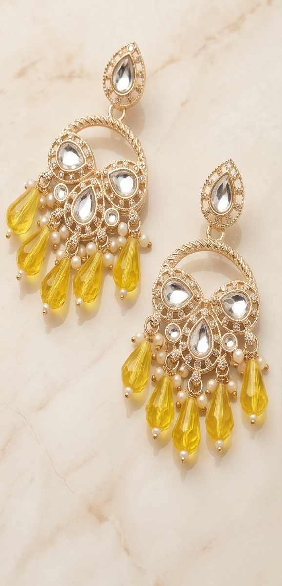 Golden Kundan Chandbali Earrings with Sapphire-Blue Crystal Drops