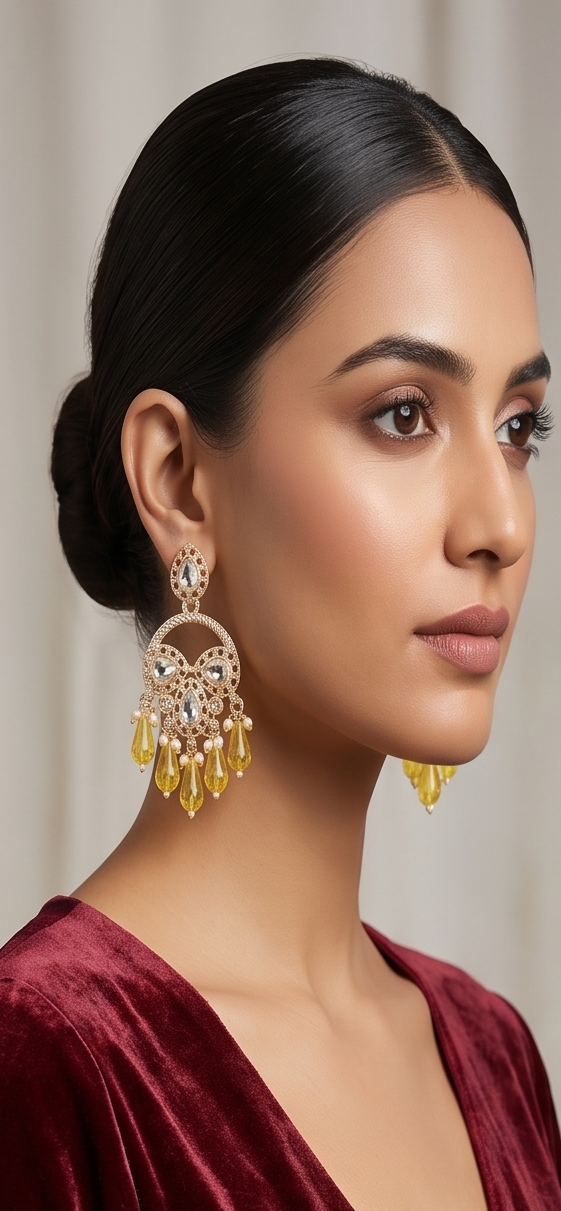 Golden Kundan Chandbali Earrings with Sapphire-Blue Crystal Drops
