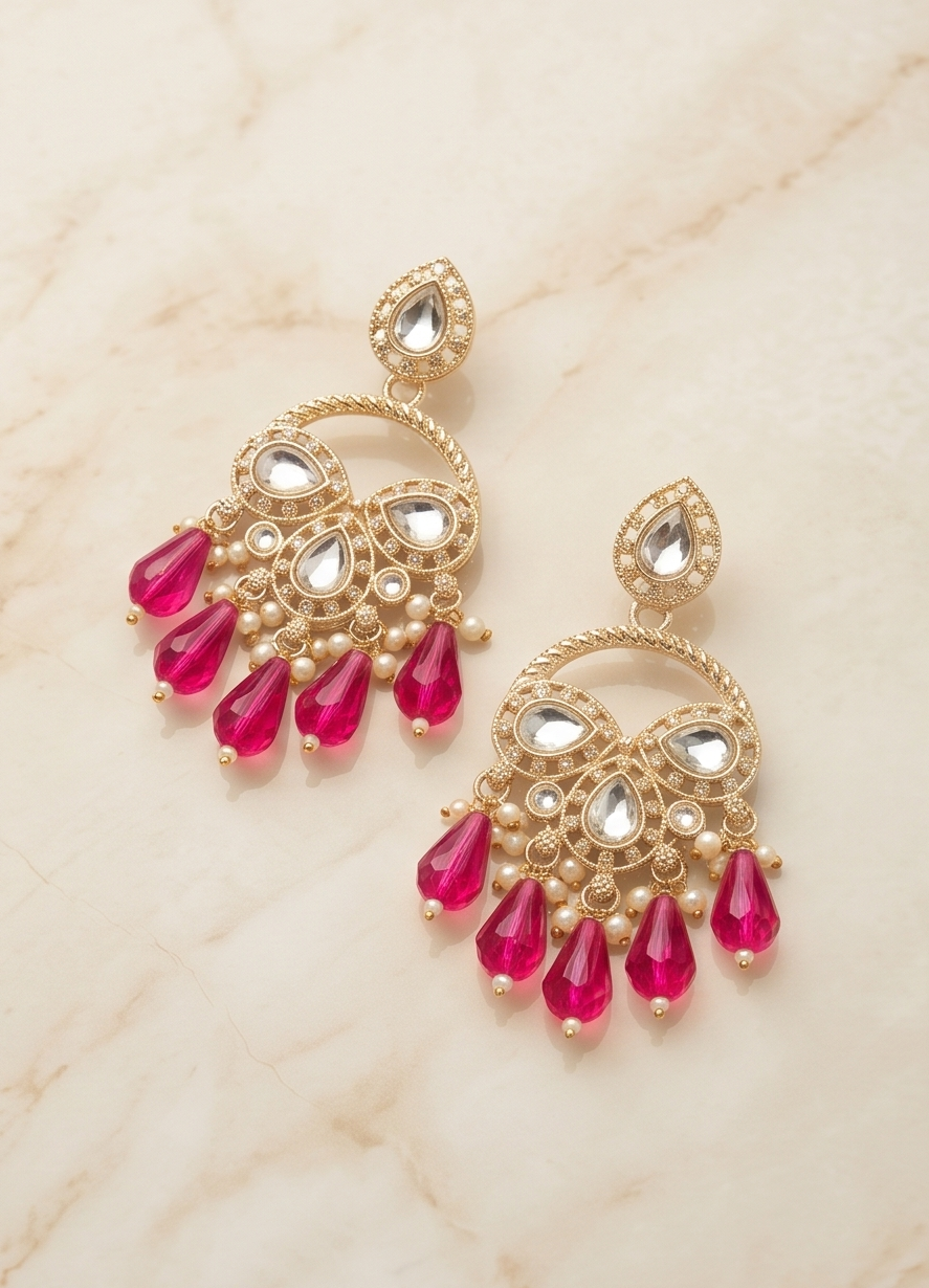 Golden Kundan Chandbali Earrings with Sapphire-Blue Crystal Drops