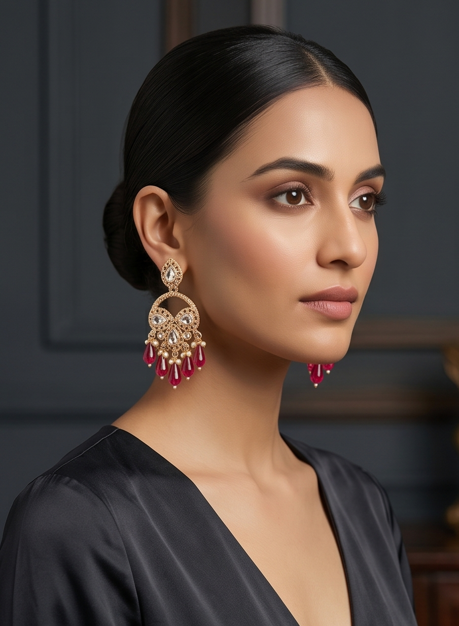 Golden Kundan Chandbali Earrings with Sapphire-Blue Crystal Drops