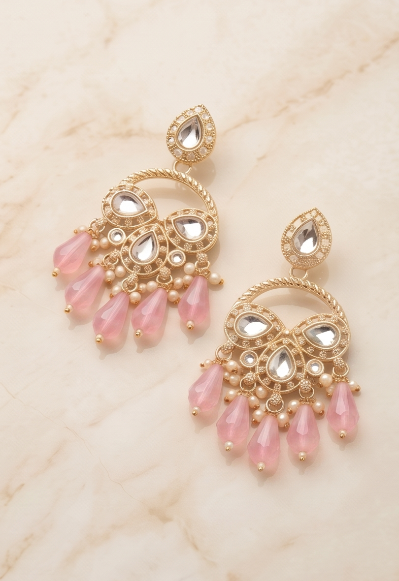 Golden Kundan Chandbali Earrings with Sapphire-Blue Crystal Drops