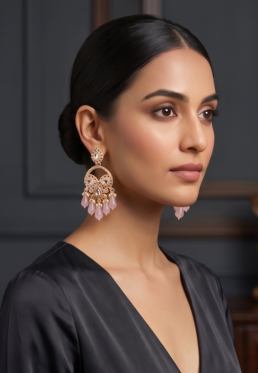 Golden Kundan Chandbali Earrings with Sapphire-Blue Crystal Drops