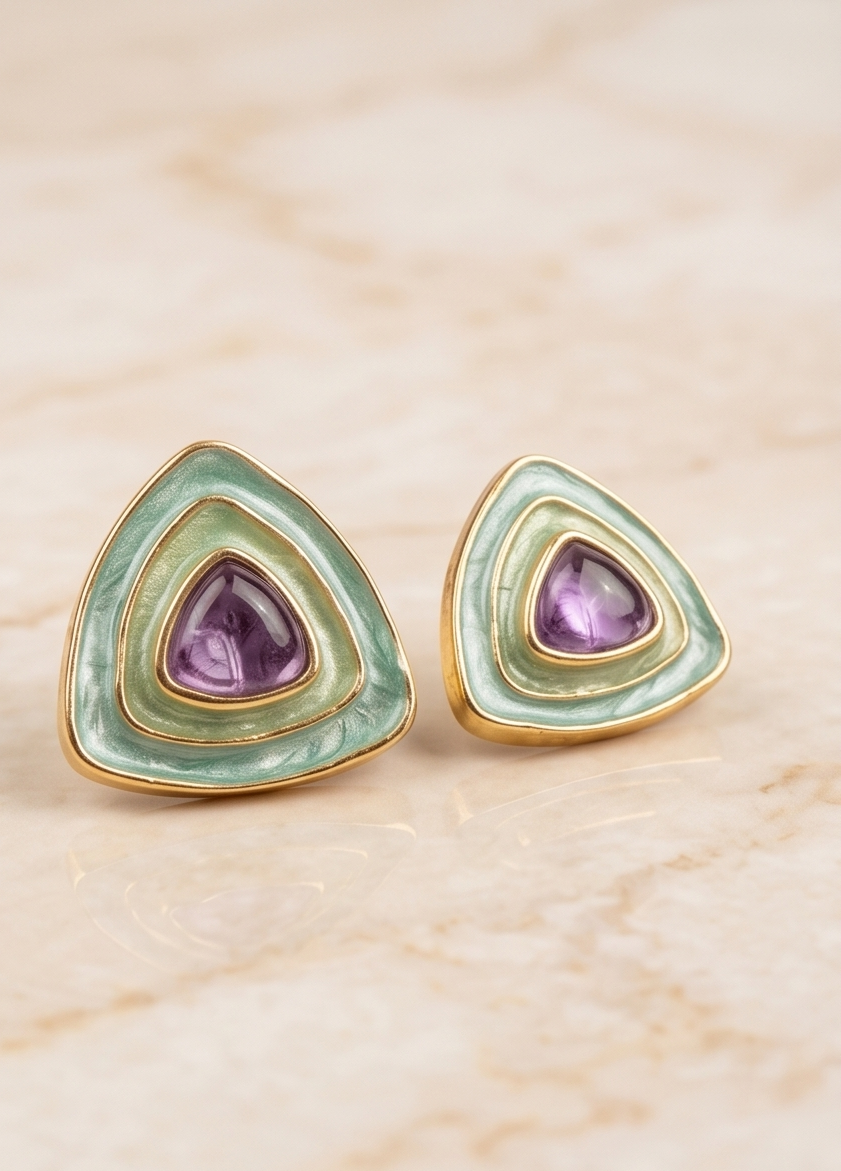 Trillion Mint Enamel & Amethyst Gold-Plated Stud Earrings