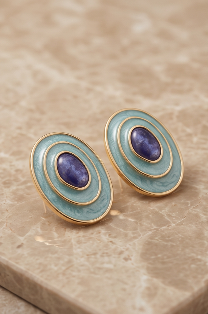 Concentric Oval Turquoise Enamel & Lapis Lazuli Gold-Plated Stud Earrings