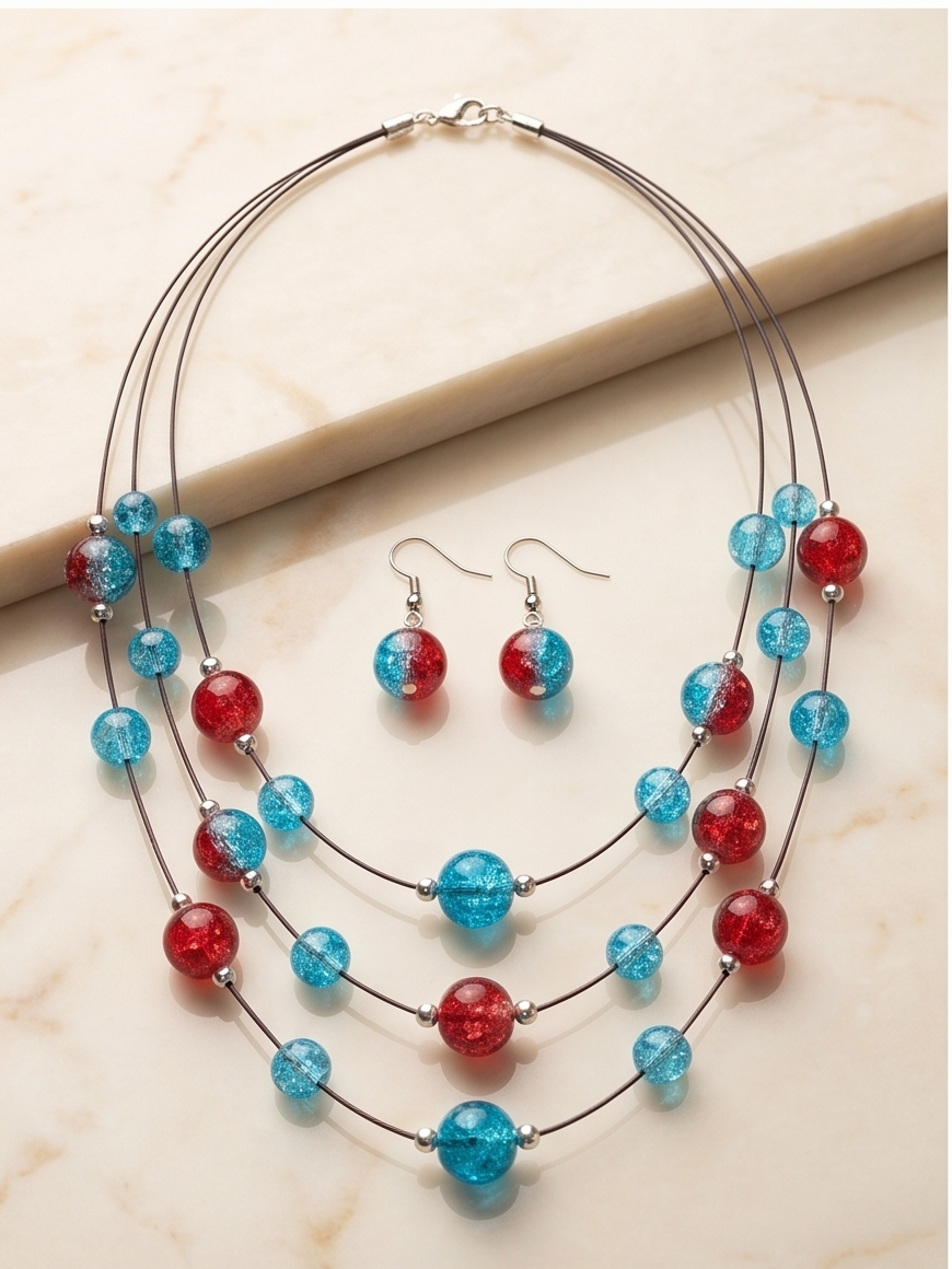 Multi-Strand Dual-Tone Crackle Bead Necklace Set with Matching Drop Earrings