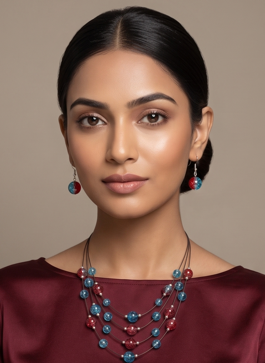 Multi-Strand Dual-Tone Crackle Bead Necklace Set with Matching Drop Earrings