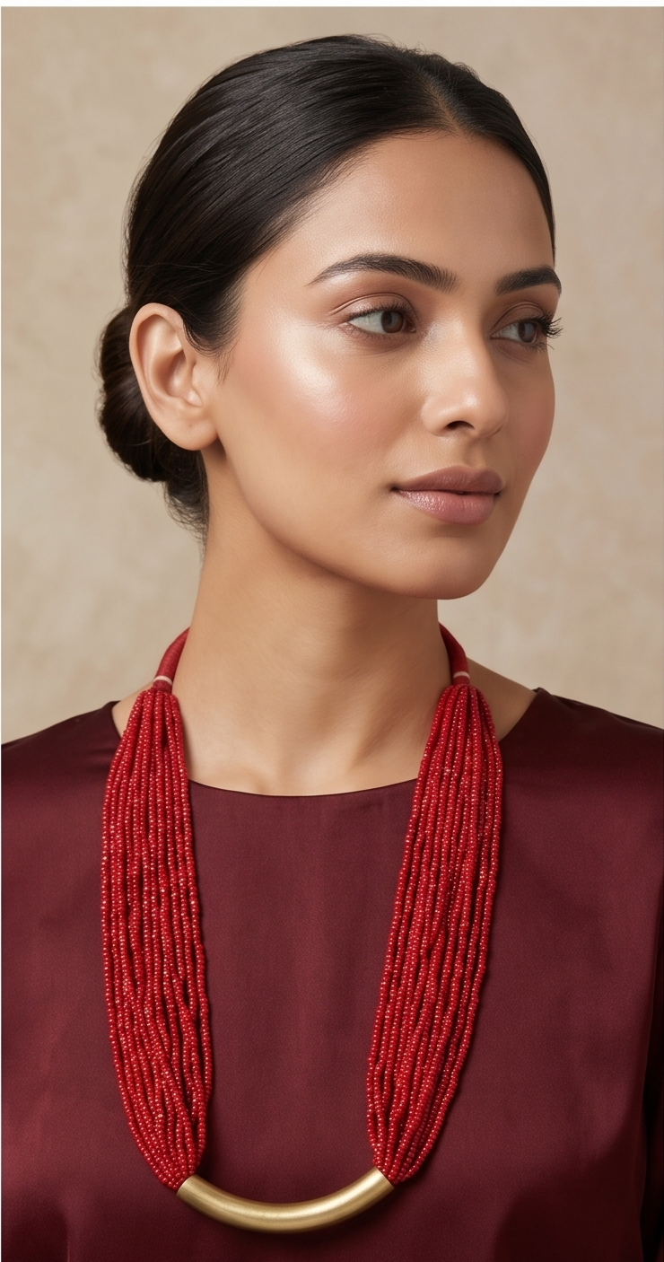 Minimalist Crimson Red Multi-Strand Seed Bead Necklace with Curved Brass Bar