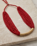 Minimalist Crimson Red Multi-Strand Seed Bead Necklace with Curved Brass Bar