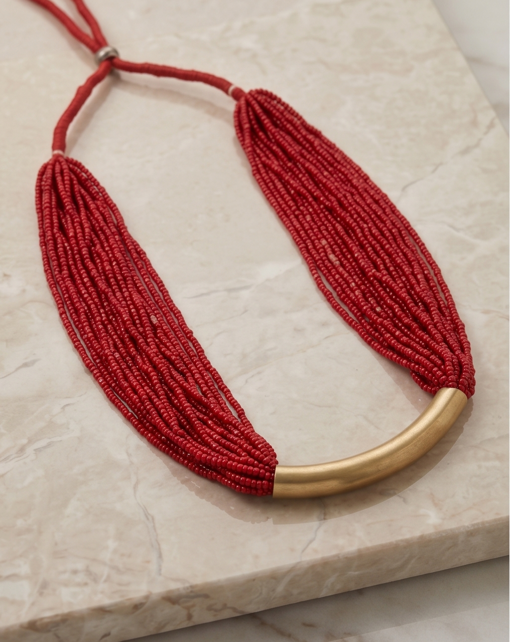 Minimalist Crimson Red Multi-Strand Seed Bead Necklace with Curved Brass Bar