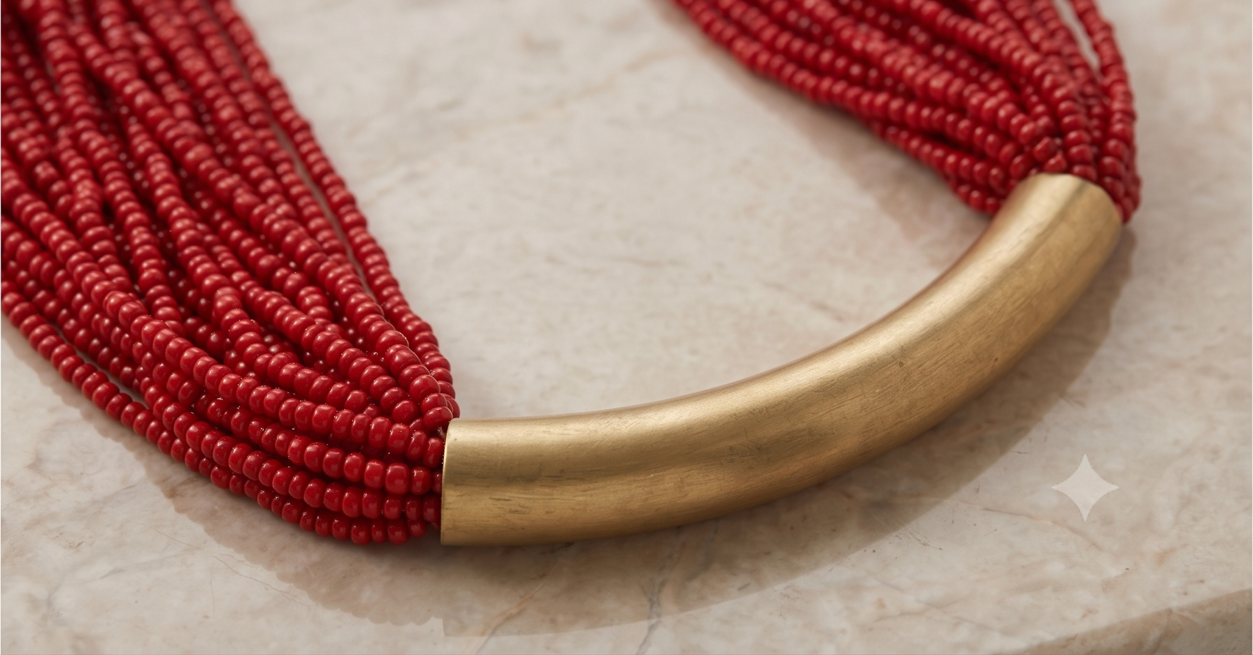 Minimalist Crimson Red Multi-Strand Seed Bead Necklace with Curved Brass Bar