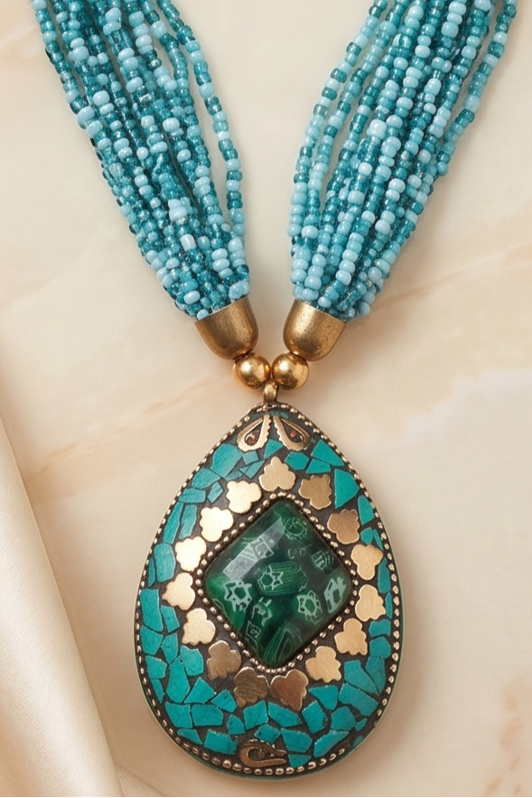 Boho Turquoise Multi-Strand Seed Bead Necklace with Teardrop Mosaic Pendant