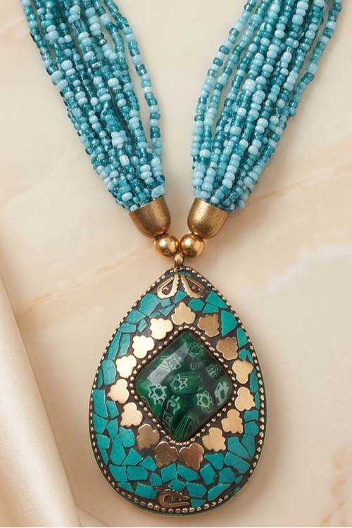 Boho Turquoise Multi-Strand Seed Bead Necklace with Teardrop Mosaic Pendant