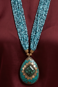 Boho Turquoise Multi-Strand Seed Bead Necklace with Teardrop Mosaic Pendant