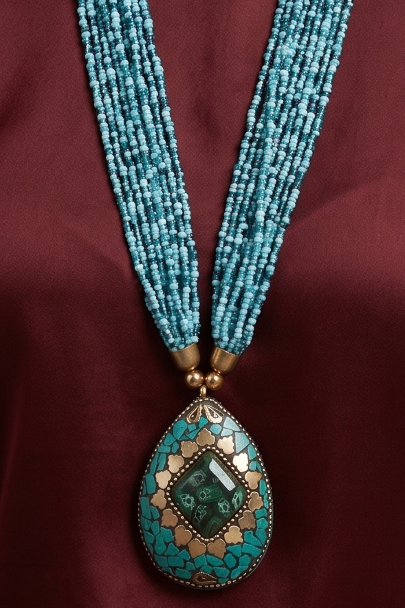 Boho Turquoise Multi-Strand Seed Bead Necklace with Teardrop Mosaic Pendant