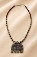 Oxidized Dual-Tone Maroon Crystal Bead Necklace with Tribal Peacock Pendant