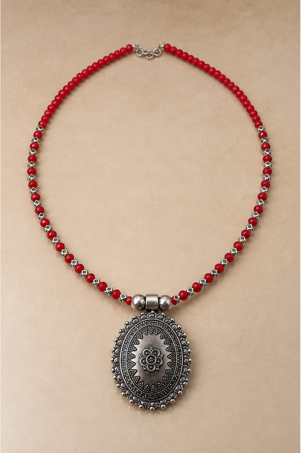 Oxidized Silver Vibrant Red Beaded Necklace with Oval Floral Medallion Pendan