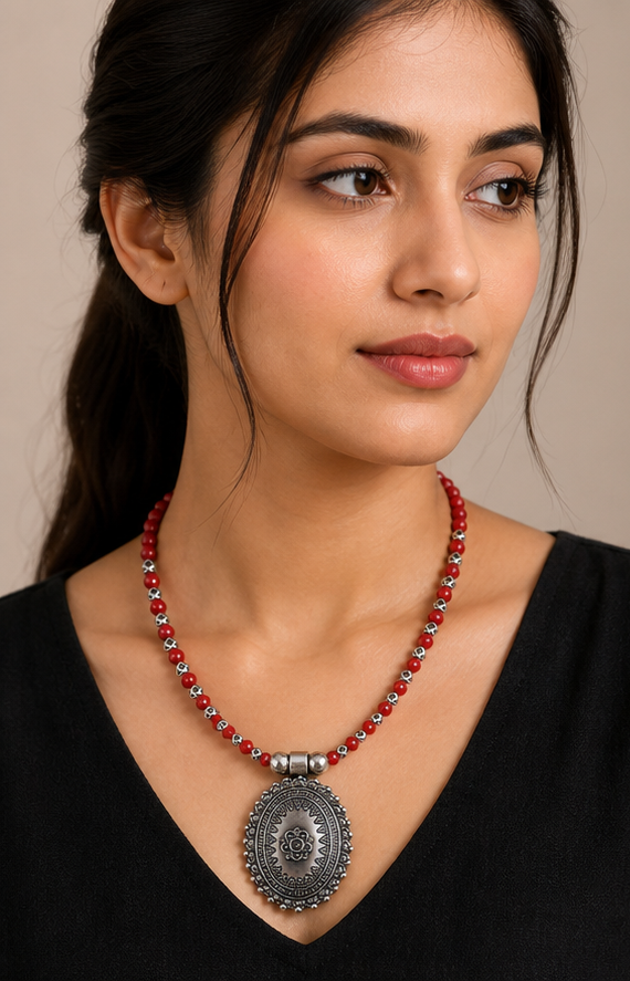 Oxidized Silver Vibrant Red Beaded Necklace with Oval Floral Medallion Pendan