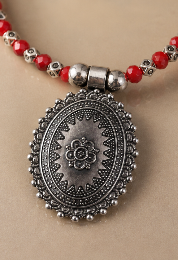Oxidized Silver Vibrant Red Beaded Necklace with Oval Floral Medallion Pendan