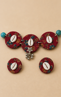Handcrafted Maroon Kalamkari Fabric Jewelry Set with Cowrie Shells & Ghungroo Accents