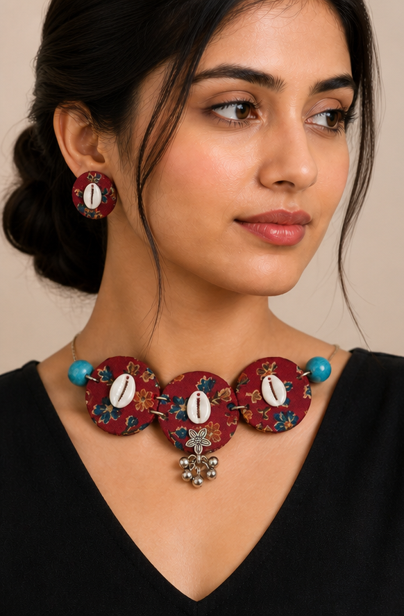 Handcrafted Maroon Kalamkari Fabric Jewelry Set with Cowrie Shells & Ghungroo Accents