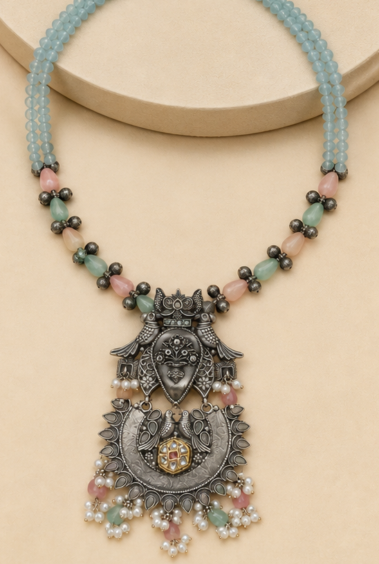 Silver Replica Pastel Beaded Statement Necklace with Intricate Bird Motif Pendant