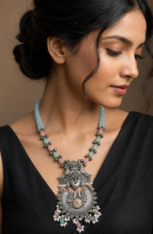 Silver Replica Pastel Beaded Statement Necklace with Intricate Bird Motif Pendant