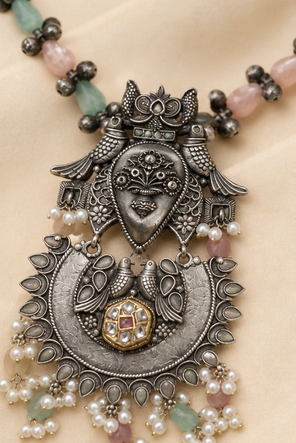 Silver Replica Pastel Beaded Statement Necklace with Intricate Bird Motif Pendant