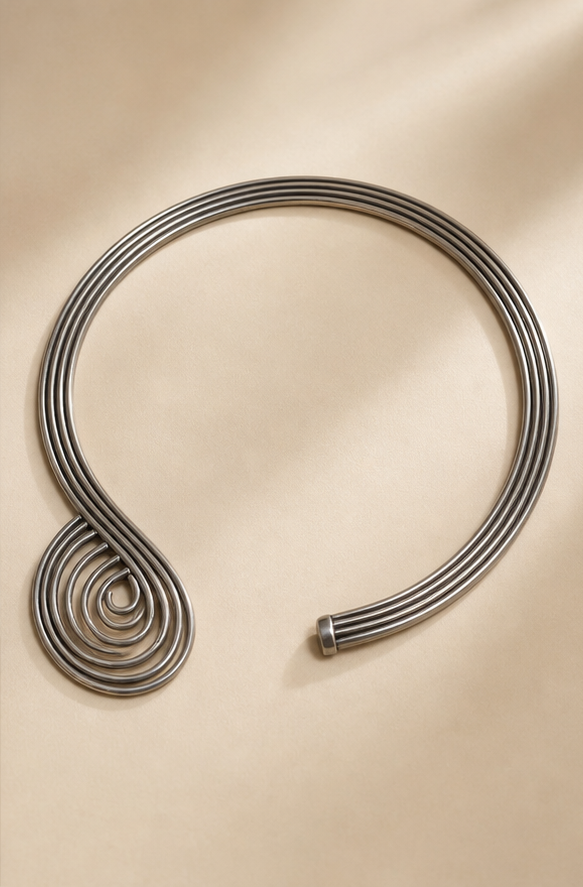 Silver Replica Multi-Strand Spiral Motif Open Hasli Choker Necklace