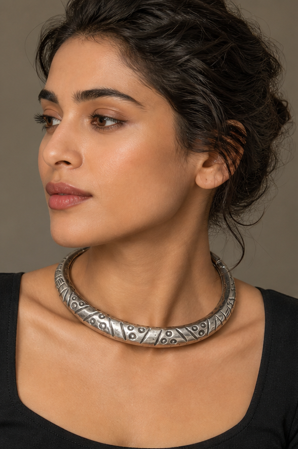 Silver Replica Geometric Engraved Tubular Hasli Choker Necklace