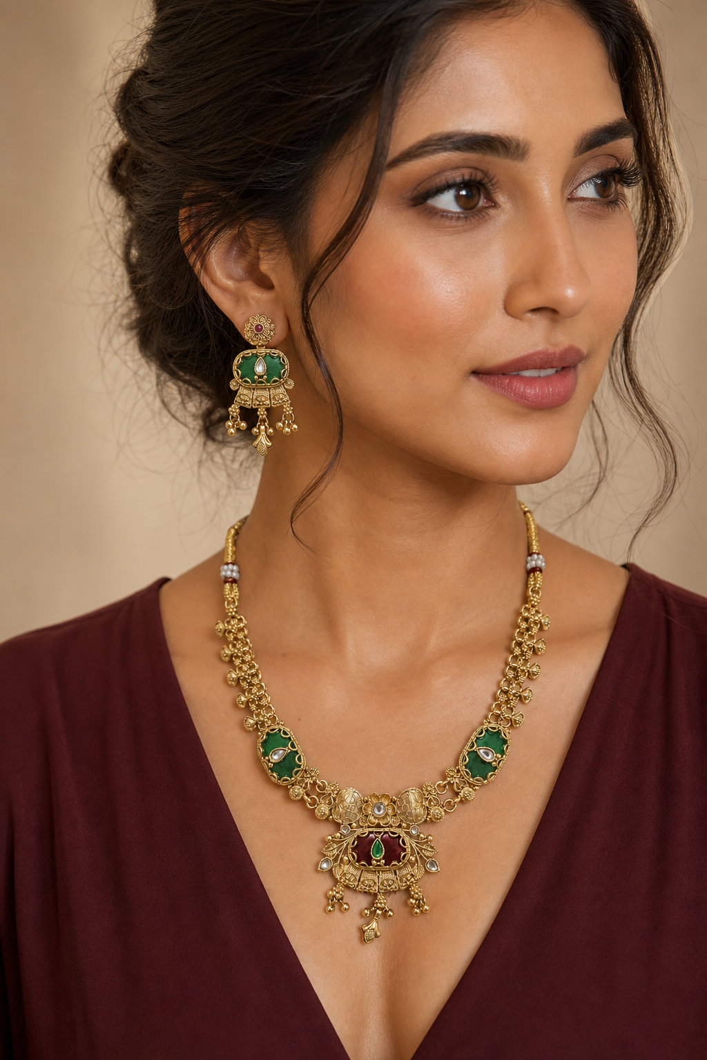 Antique Gold-Tone Heritage Floral & Jewel-Hued Temple Set