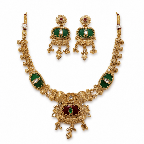 Antique Gold-Tone Heritage Floral & Jewel-Hued Temple Set