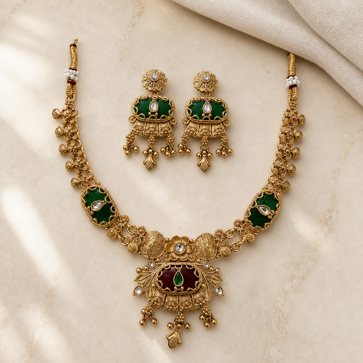 Antique Gold-Tone Heritage Floral & Jewel-Hued Temple Set